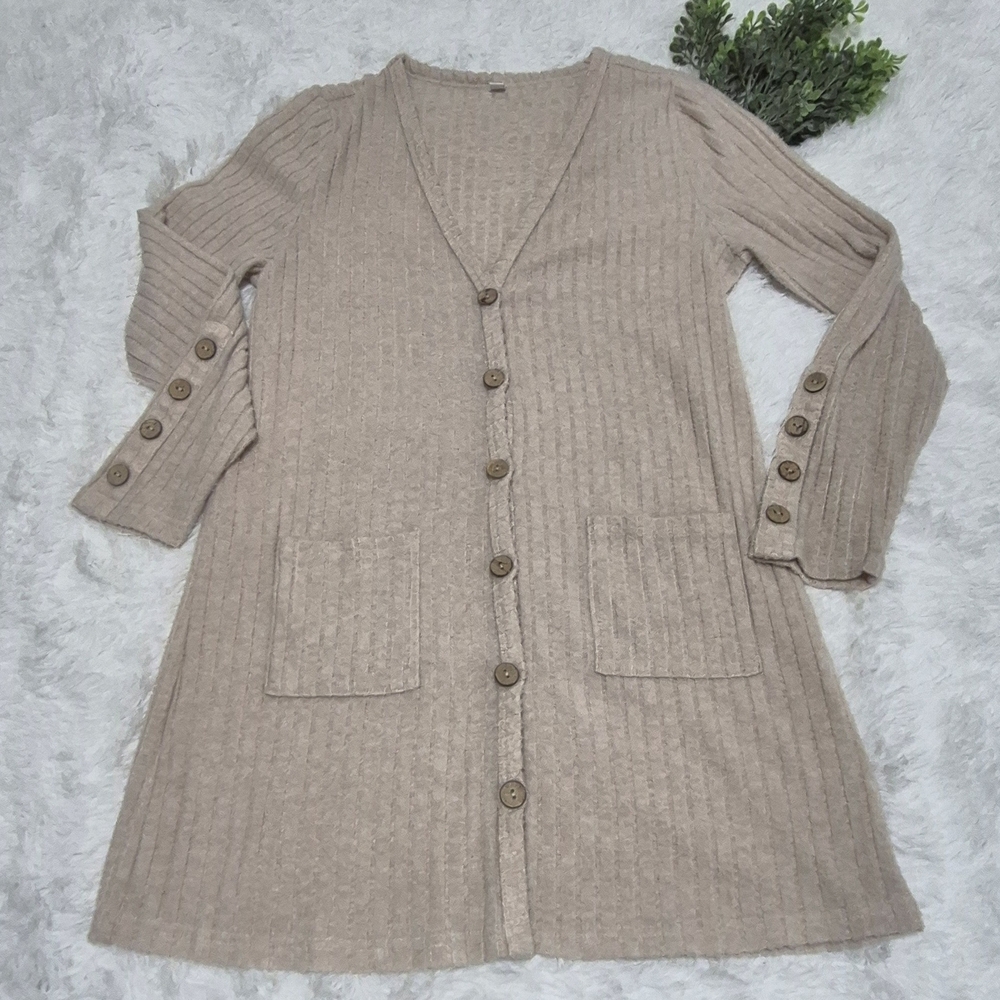 Your Style Tan Ribbed Pocket Long Cardigan with Button Details S Oversized